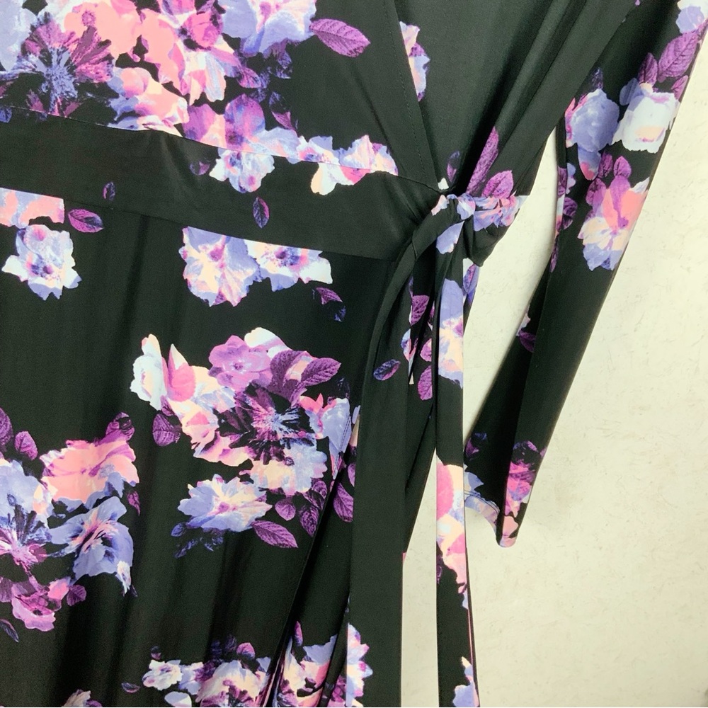 Jennifer Lopes Black Floral Long Sleeve Faux Wrap Maxi Dress M Leg Split Wedding - Picture 5 of 10